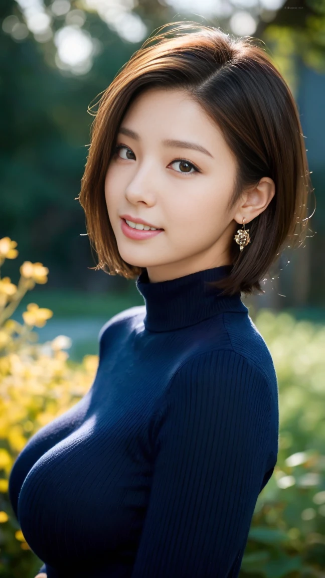 (18 Year Old Sweetheart), (Large Breasts:1.3),   flower garden in the background、Dark blue turtleneck sweater、(masterpiece: 1.3), (Maximum resolution: 1.4), (Ultra-high field of view: 1.2), Light, Ultra-high field of view,Make one&#39;of cheeks:1.2、 (Exquisite eyes和皮肤), (Detailed facial features), National Foundation, 8k resolution, Perfect style, Beautiful expression、Highly detailed face and skin texture、Exquisite eyes、Double eyelids、閃Light眼線筆:1.2、有Light泽的皮肤、（pure White skin:1.8)、（White skin:1.8)、Red Rouge、Dark lipstick:1.2、Shiny necklaces and earrings、（有Light泽的嘴唇:1.2)、有Light泽的嘴唇:1.2、((full-body shot:1.3))、(Straight Hair、Light brown hair)、Long hair、(The smile was kind:1.3)、175 cm、Asahi