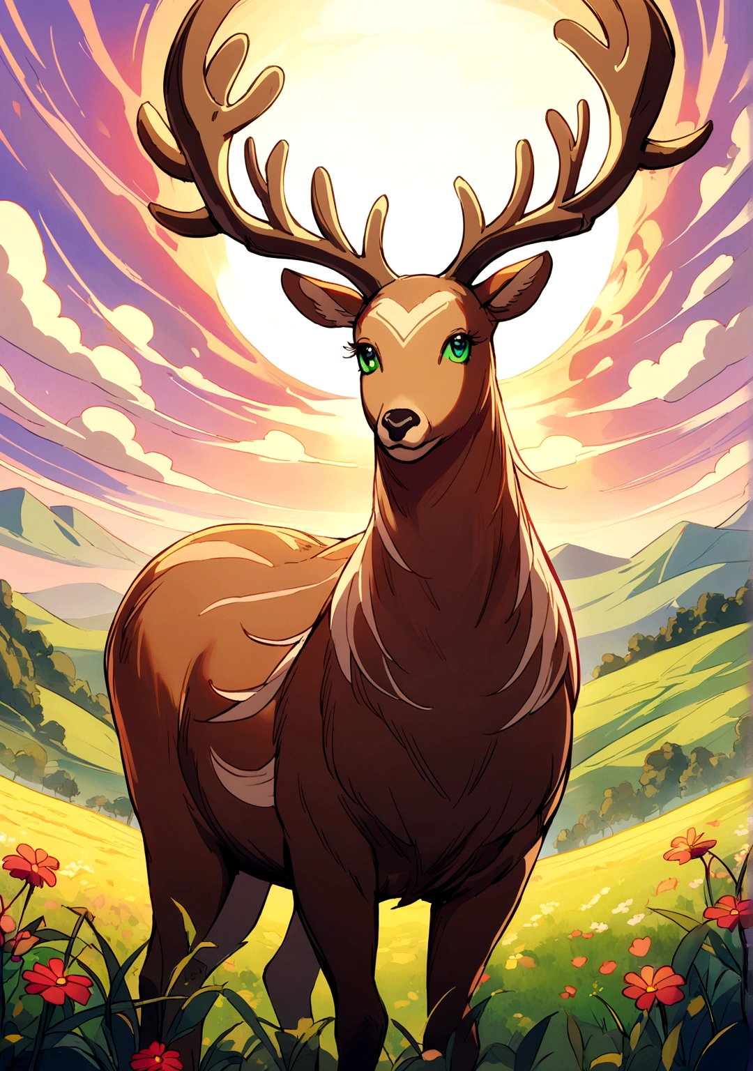 a detailed anime drawing of a brown deer that gives off a aura of grace with large heart-shaped antlers and green eyes dashing through a meadow by itself