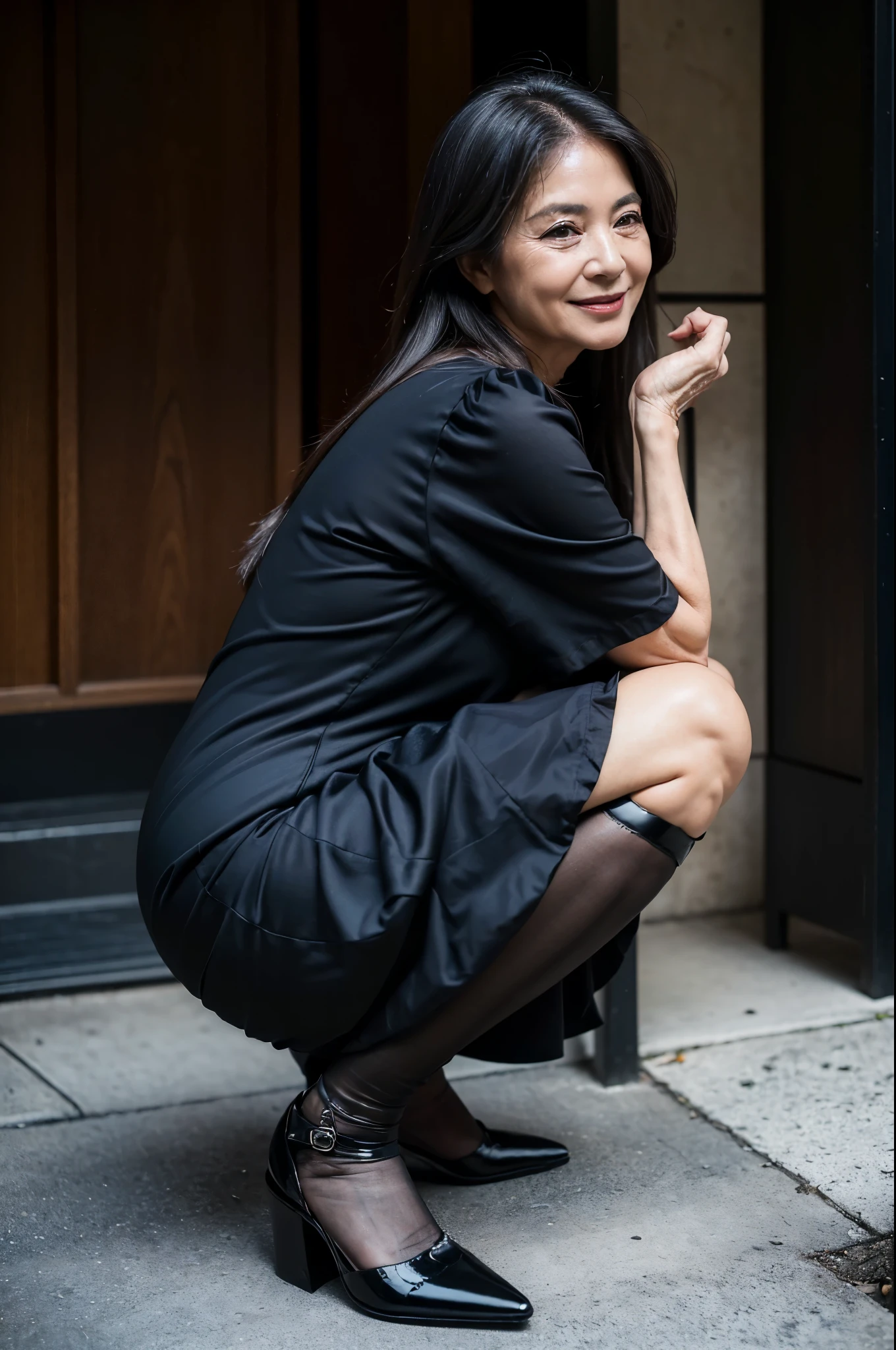 (masterpiece:1.4),(Beautiful 66 year old woman:1.5),(Facial wrinkles : 1.2), (facing away : 1), smile, (long hair : 1.1), (short-sleeve black mourning dress), (black nylon tights : 1.2), (black high-heel), Motherhood Mature Woman, plump arms, plump thighs, (focus on thighs : 1), squatting , on knees, entrance, japanese house
