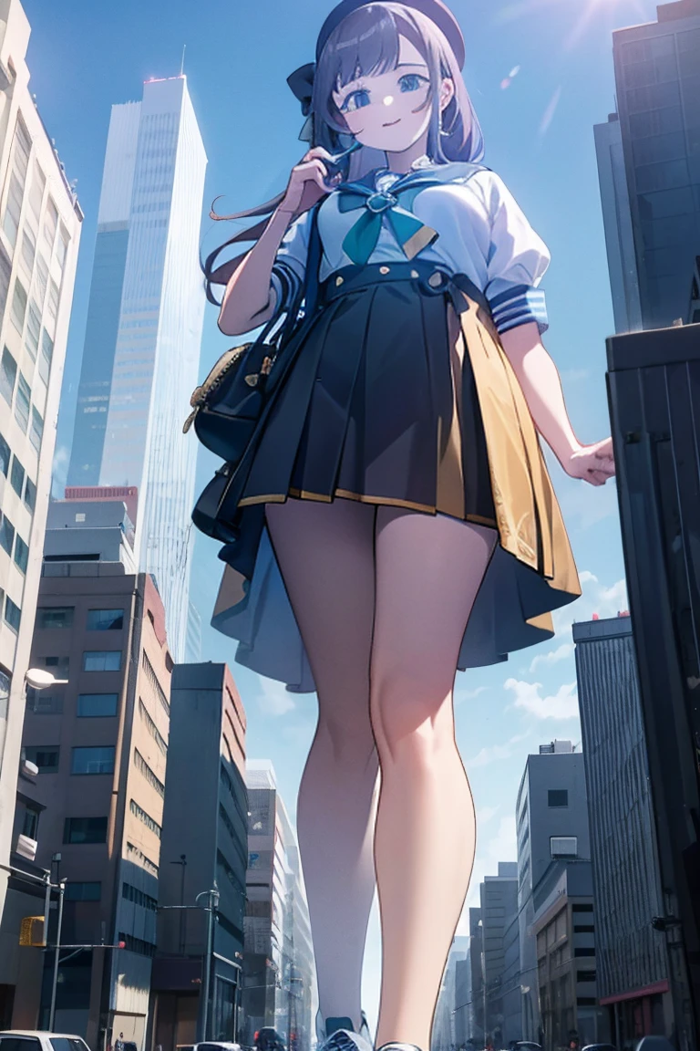 Big girl wearing sneakers，Girl taller than the building，Sailor Suit，Short skirt,Standing maiden，Sole