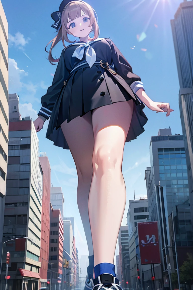 Big girl wearing sneakers，Girl taller than the building，Sailor Suit，Short skirt,Standing maiden，Sole