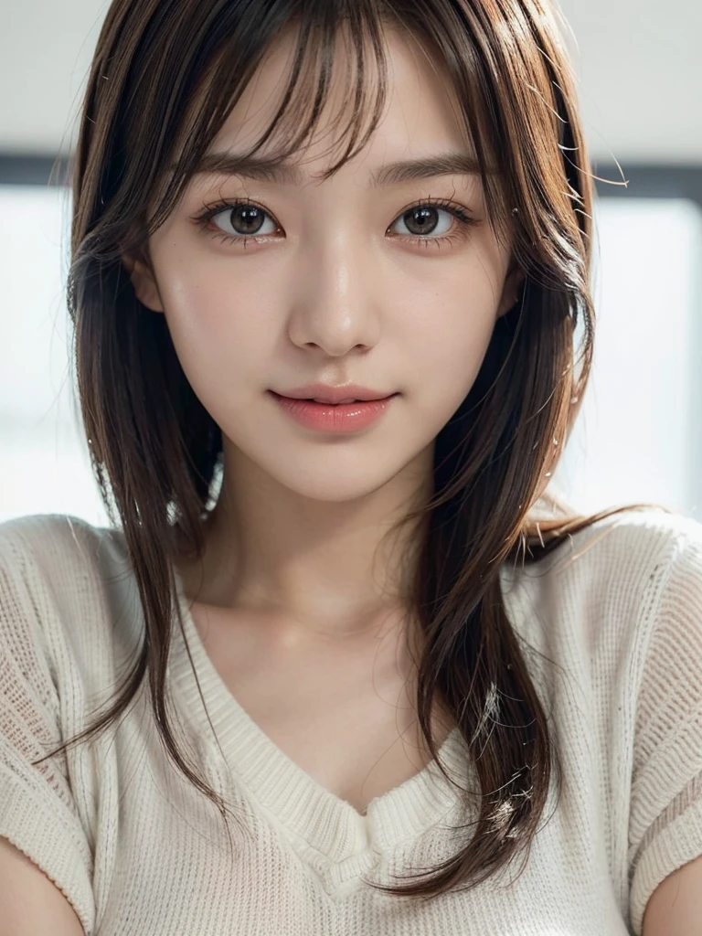 1 japanese girl,(white sweater:1.4),(wear sleeveless), (Raw photo, Best Quality), (Realistic, Photorealsitic:1.4), masterpiece, ((Big breasts that are about to burst :1)), (Slender body shape, perfect body :1.2), extremely delicate and beautiful, Extremely detailed, 8k wallpaper, amazing, finely detail, extremely detailed CG Unity, hight resolution, Soft light, Beautiful detailed 17 year old girl, extremely detailed eye and face, beautiful detailed nose, Beautiful detailed eyes, Smiling, (hair messy, asymmetrical bangs, light brown hair,),