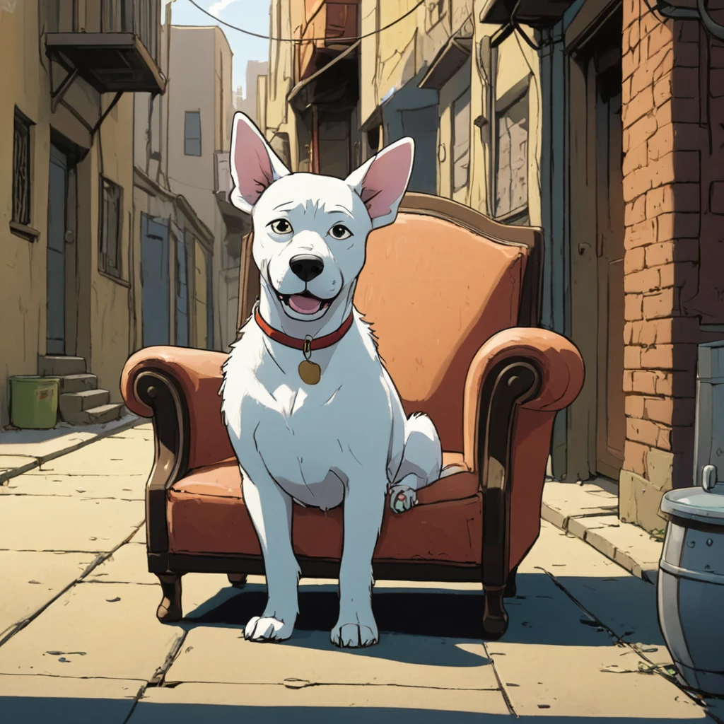 cartoon illustration of a medium-sized white dog, with long downturned ears and a short tail sitting on an old armchair in the background of an alley
