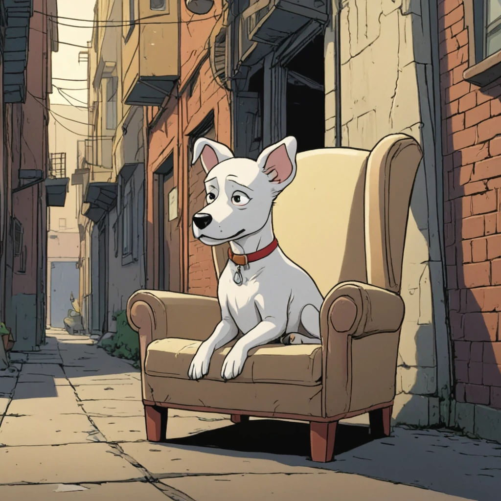 cartoon illustration of a medium-sized white dog, with long downturned ears and a short tail sitting on an old armchair in the background of an alley