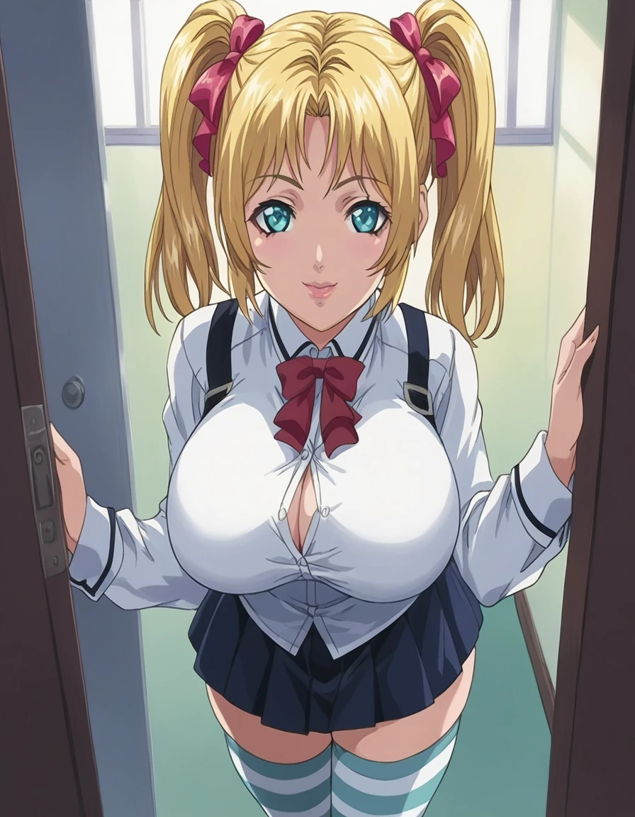 score_9, score_8_up, source_anime Bibl3, cute girl, busty shortstack, blonde hair, twintail hair, hair ornament, hair ribbon, school skirt, huge breasts, heavy breasts, breast expansion, full lips, vivid lips, wide hips, thick thighs, striped stockings, viewed from front, viewed from above, doorway of livingroom, soft smile, innocent expression, puckered lips, face focus, looking at viewer, raised eyebrows, detailed eyes, detailed face, pretty woman, morning