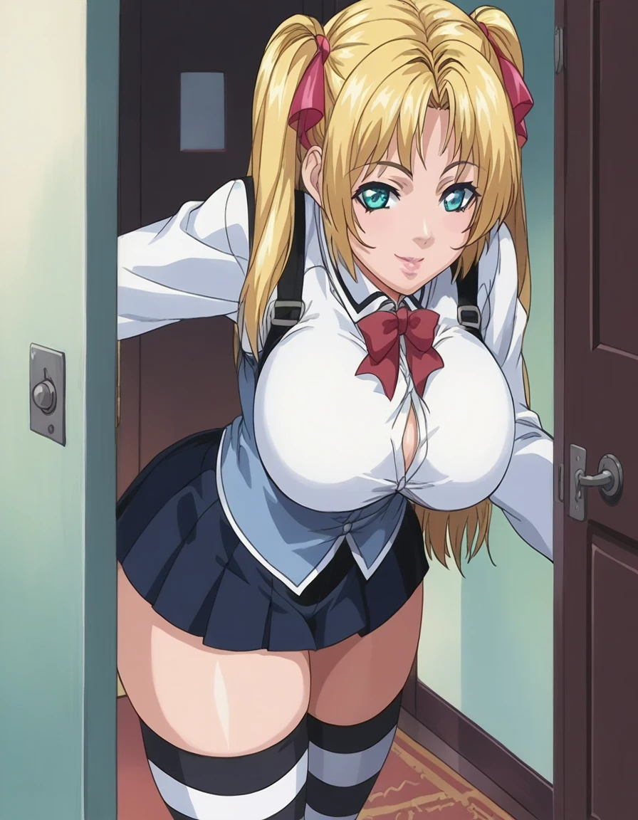 score_9, score_8_up, source_anime Bibl3, cute girl, busty shortstack, blonde hair, twintail hair, hair ornament, hair ribbon, school skirt, huge breasts, heavy breasts, breast expansion, full lips, vivid lips, wide hips, thick thighs, striped stockings, viewed from front, viewed from above, doorway of livingroom, soft smile, innocent expression, puckered lips, face focus, looking at viewer, raised eyebrows, detailed eyes, detailed face, pretty woman, morning