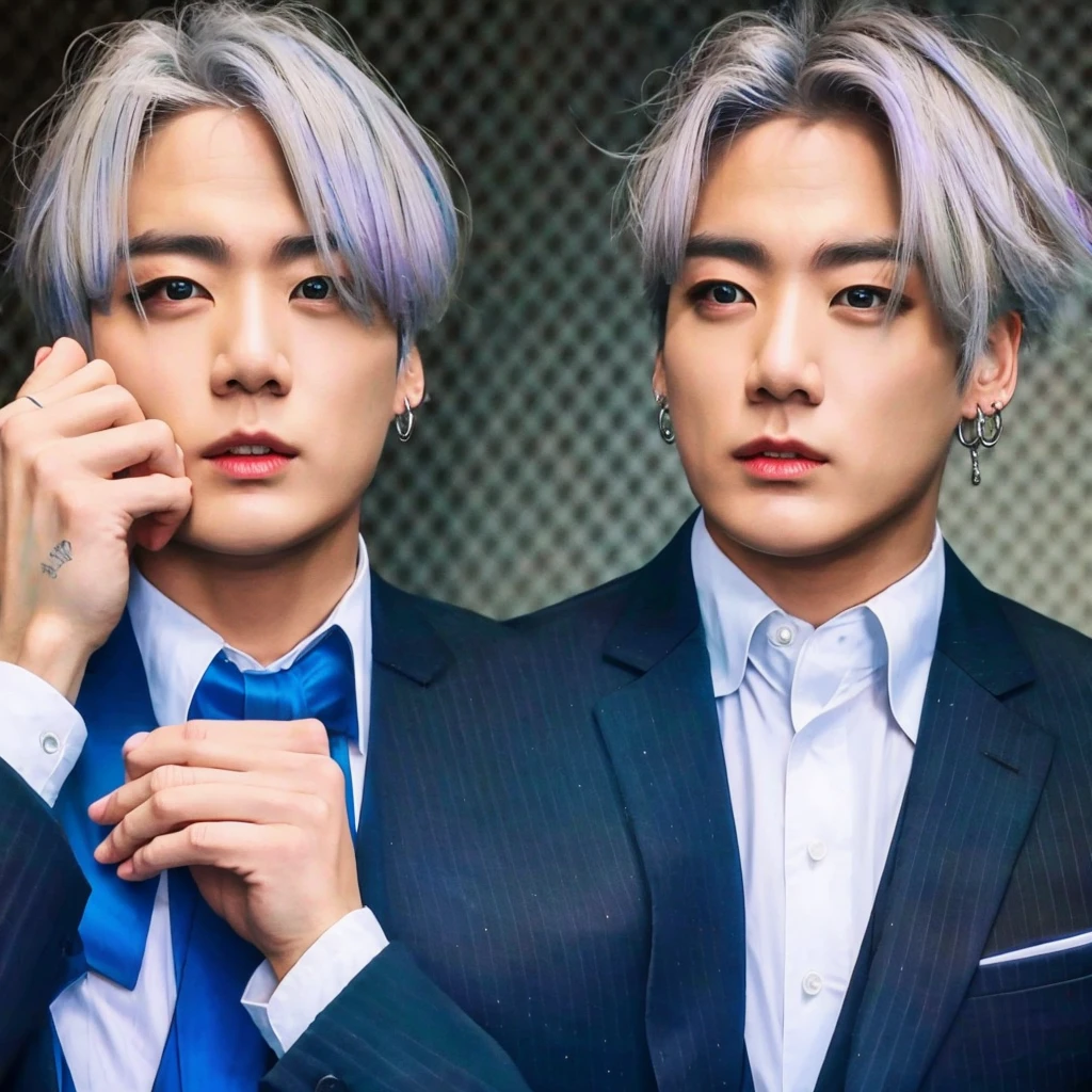 Mafia boy in grey suit and silver hair color, 26K, Photorealism, Real photo