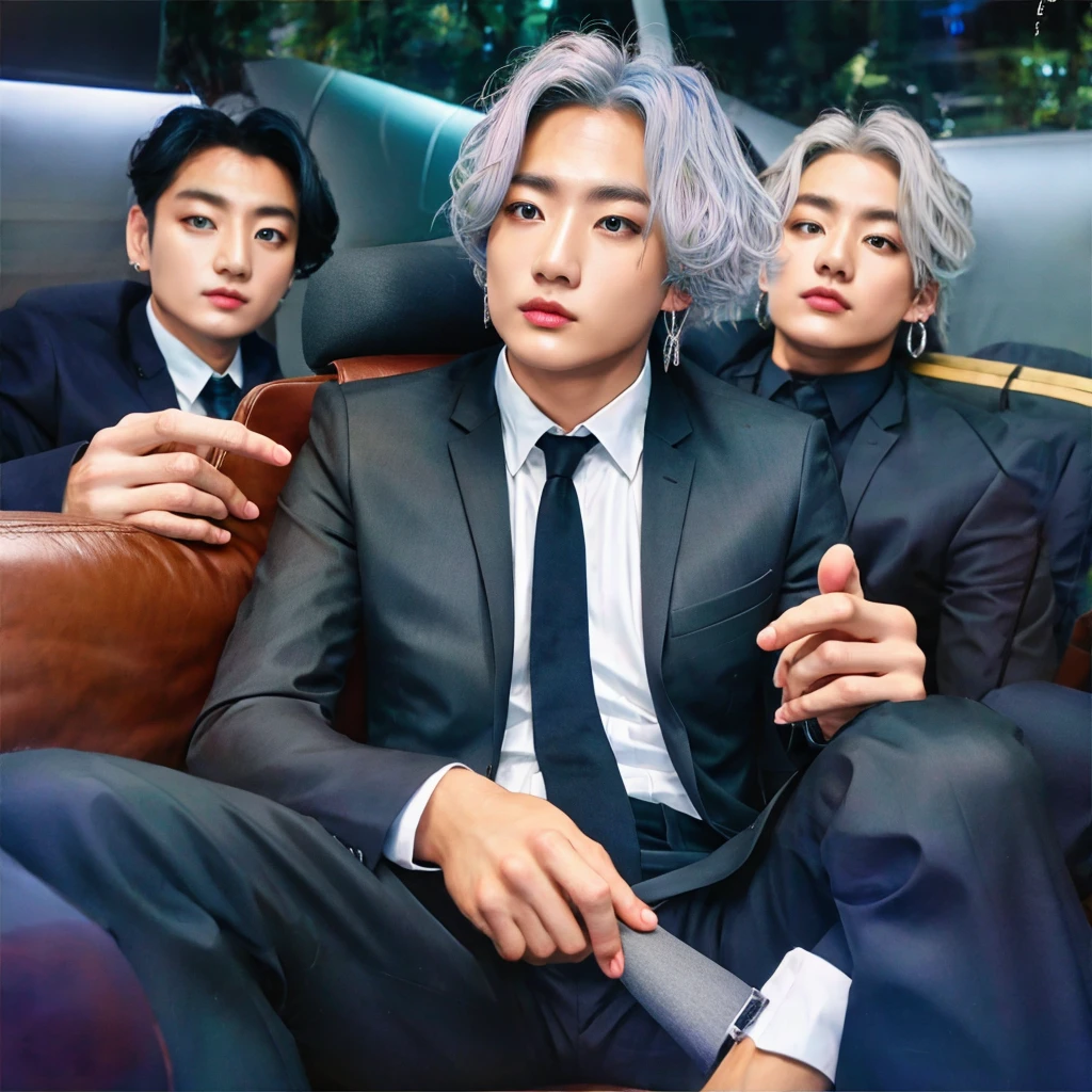 Mafia boy in grey suit and silver hair color, 26K, Photorealism, Real photo