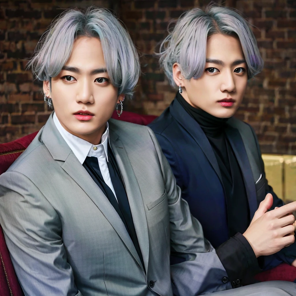 Mafia boy in grey suit and silver hair color, 26K, Photorealism, Real photo