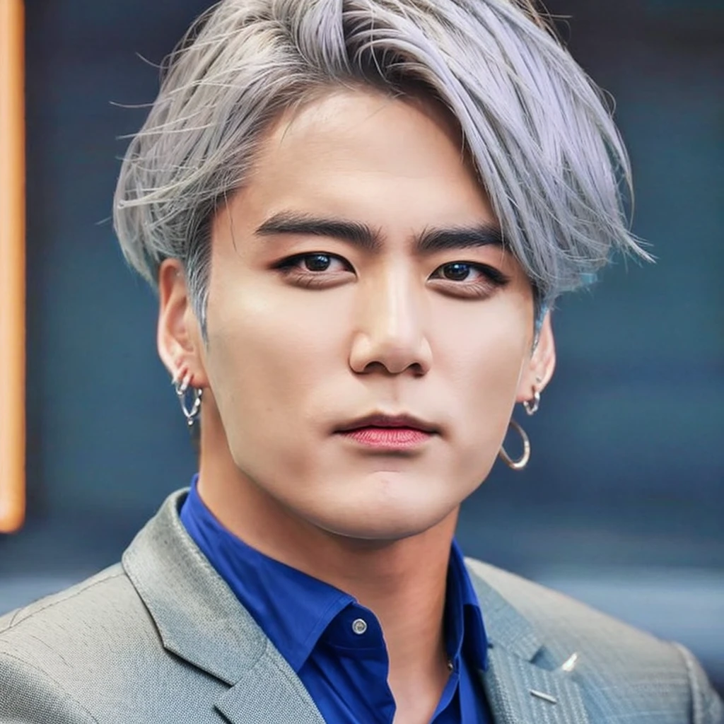 Mafia boy in grey suit and silver hair color, 26K, Photorealism, Real photo