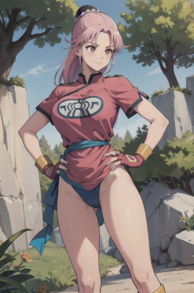 maam,big breasts,beautifuleyes,narrow waist,realistic,solo,outdoor,forest, martialMaam,pink hair,hair bun,long hair,china dress,short sleeves,sash,fingerless gloves,beautiful legs,(hands on hips, looking away) smile, clenched fists, action pose,:1.1), lady, dragon quest