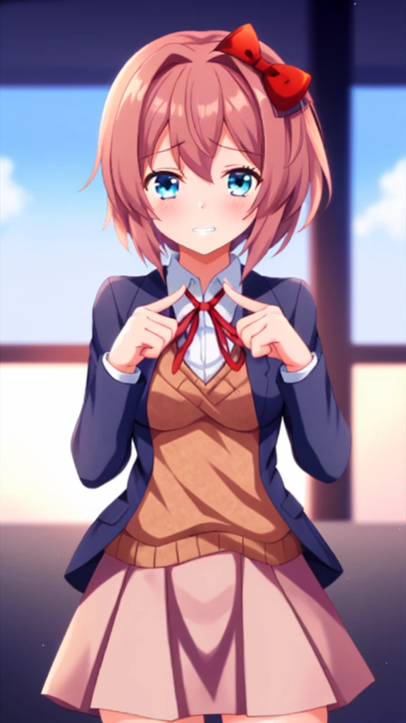 one girl, Sayori, DDLC, Doki Doki Literature Club, hair bow, school blazer, light blue eyes, index fingers together near the face, shy, try to smile awkwardly, feel sorry, Ehehe~, teeth, shifty eyes