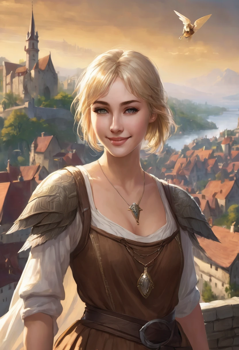 1 female woman, beatuiful face, fantasy, young adult years, she is wearing brown cheap medieval clothes, she has blond short bobcut hair, she has grey eyes, she is smiling, town in the background, fantasy, she has one angelic big wing white, very flat chest, full body
