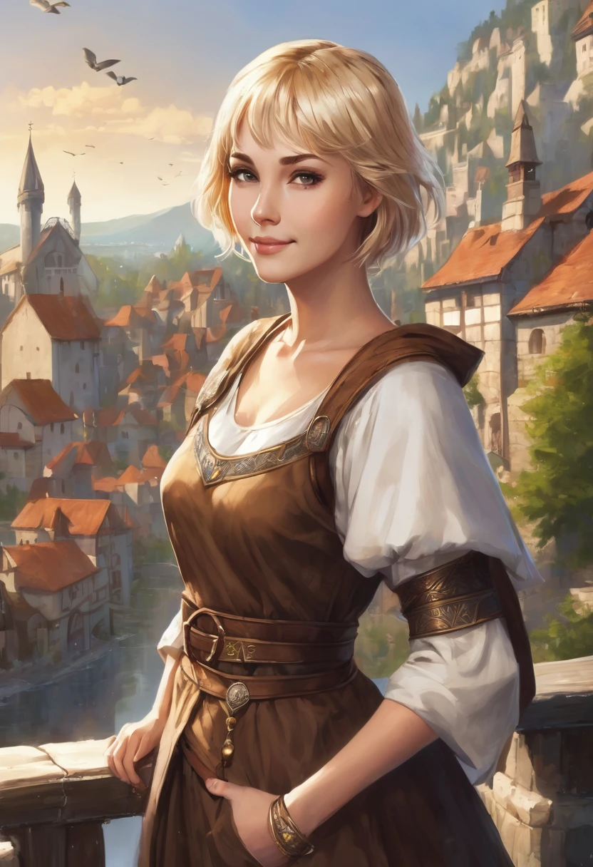 1 female woman, beatuiful face, fantasy, young adult years, she is wearing brown cheap medieval clothes, she has blond short bobcut hair, she has grey eyes, she is smiling, town in the background, fantasy, she has one angelic big wing white, very flat chest, full body