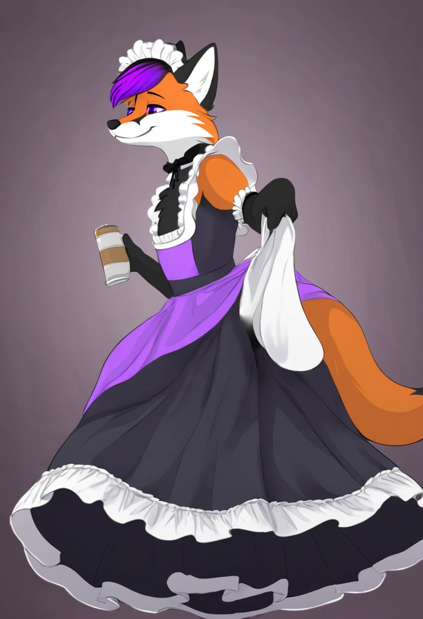 Red fox with a white belly whit grey blackish paws and purple eyes and purple hair ontop its head in a long maid dress lifting it up and showing his dick