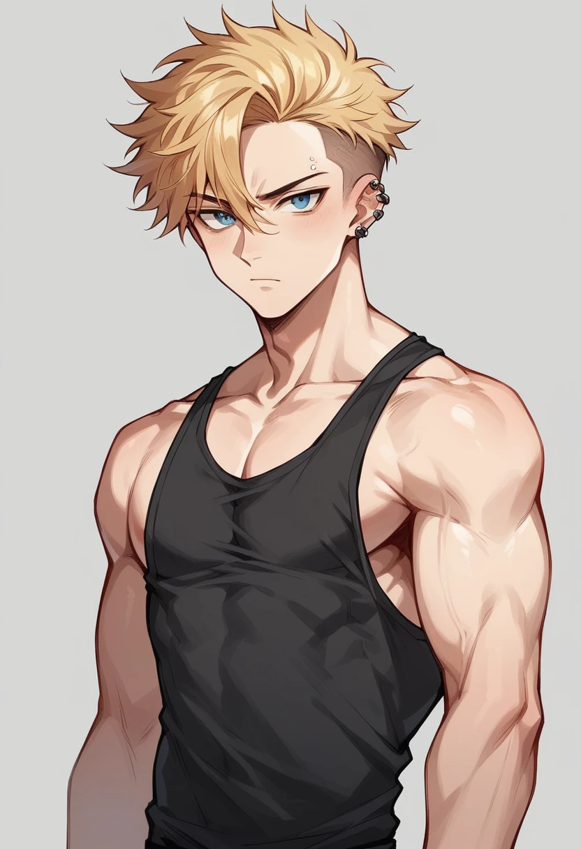 A handsome hot boy with blue eyes, messy blonde hair shaved on the sides, ear piercings and slver accessories, wearing a black tank top , anime style