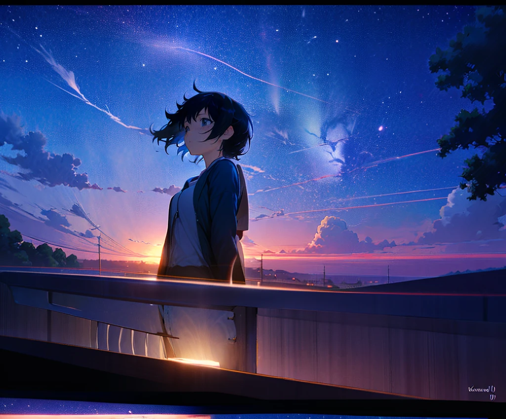 Films by Makoto Shinkai「Your Name。」Wallpapers inspired by. Starry Sky, masterpiece, Black silhouette, Perfect Anatomy, romantic, Kimi No Na Wa, Highly detailed face、girl、Cute face, Perfect Face, masterpiece, 4K, in love, Your name style, Kimi No Na Wa, Starry Sky,  Black silhouette, Shadow