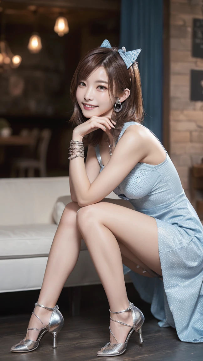 (Full body image:1.3)、(Beautiful lips and nose:1.4)、(Side view:1.1)、(Smiling with teeth showing:1.3),(Fashion Model:1.5)、(Blue Dress:1.5)、(Skull Silver Accessories:1.5)、(Lace Color:1.3)、(Heel:1.2)、(Polka dots on underwear:1.4)、23 years old、((Highest quality、In 8K、masterpiece:1.3))、Sharp focus:1.2、(Layered Cut、Huge boobs:1.1),Beautiful woman with perfect figure:1.4、(Dance vigorously:1.3)、Slim Abs:1.2、Highly detailed face and skin texture、Fine grain、double eyelid,(Brown hair long:1.3)、Idol Sculpture、(Party Venue.:1.3)、(The body is slim:1.2),(Slimming your legs:1.4),(clavicle:1.1)