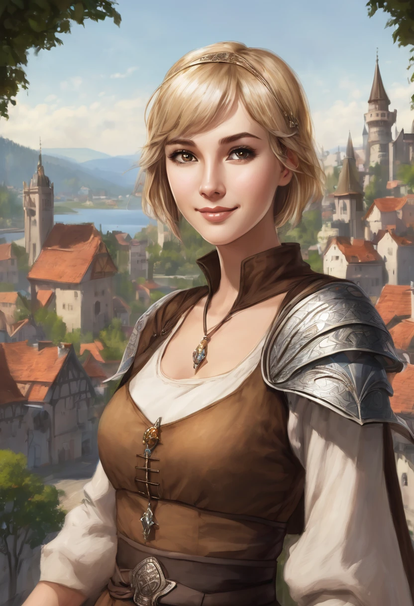 1 female woman, beatuiful face, fantasy, young adult years, she is wearing brown cheap medieval clothes, she has blond short bobcut hair, she has grey eyes, she is smiling, town in the background, fantasy, she has one angelic big wing white, very flat chest, full body