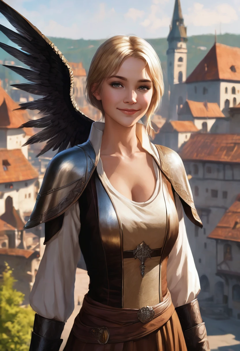 1 female woman, beatuiful face, fantasy, young adult years, she is wearing brown cheap medieval clothes, she has blond short bobcut hair, she has grey eyes, she is smiling, town in the background, fantasy, she has one angelic big wing white, very flat chest, full body