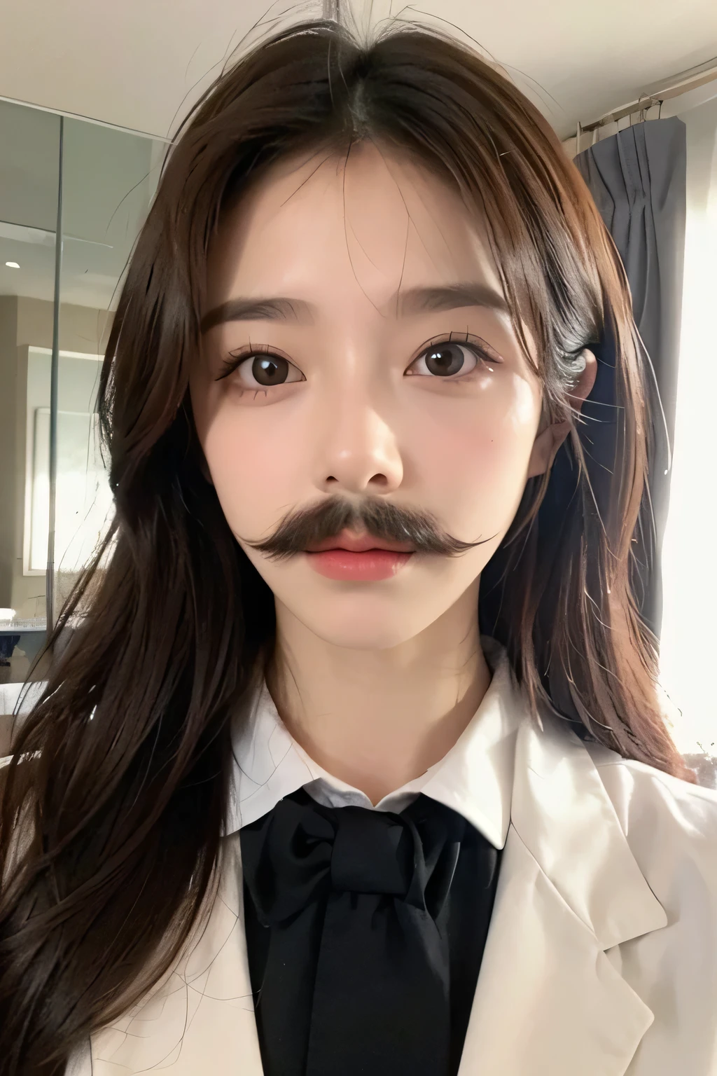 Beautiful woman puts fake mustache on her lips，Wear men's suits