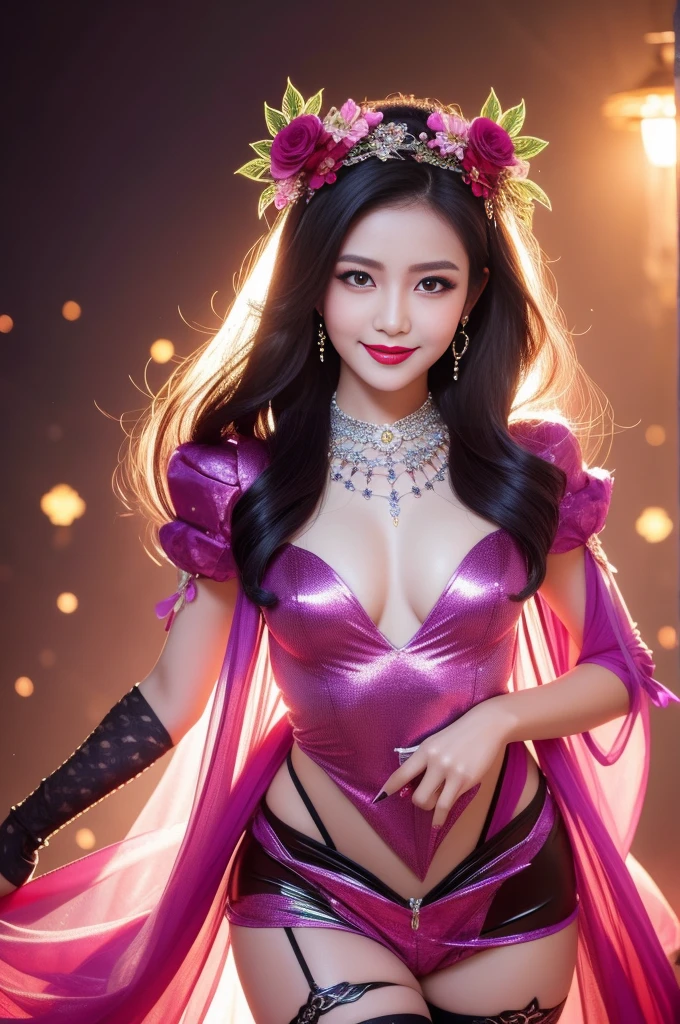 sexy Thai model who controls poison、beautiful smile、lipgloss、bold lipstick、intense makeup、look at the camera、full body Esbian、、sparkling poisoned flower costume、、、、sparkling Colorful hair、secrete poison、skull hair accessories、sexy tights、shiny sparkling flowers background