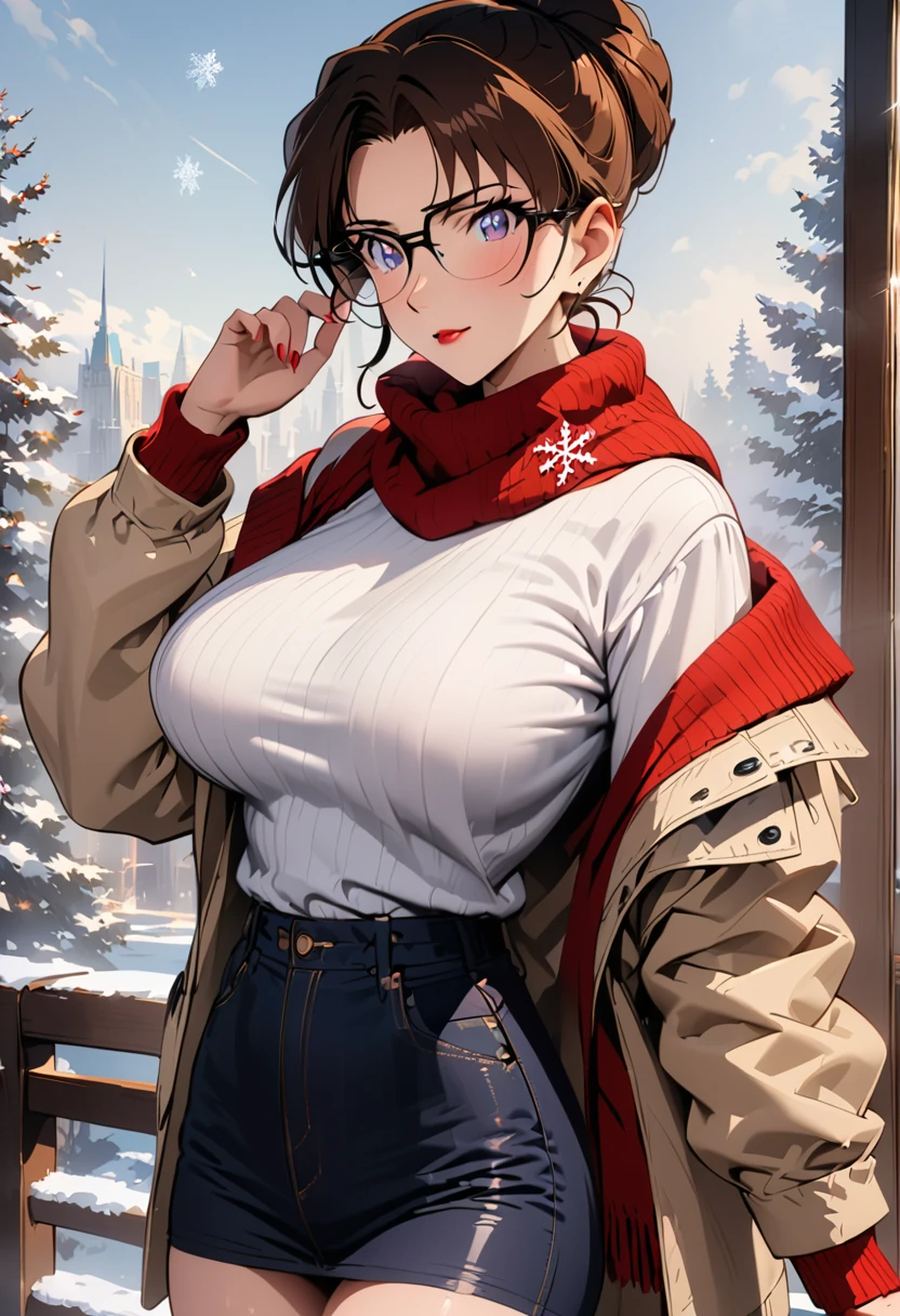 (best quality,4K,8K,high resolution,masterpiece:1.4),Ultra Detailed,Detail face:1.3,White sweater,red scarf,wear glasses,Perfect body,Large Breasts,Fashion,winter,Snowflakes falling,Anime style