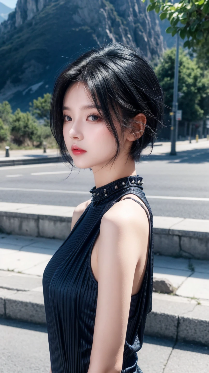 best quality, 1 Girl, dark blue hair, black eyes, Very short hair, Spiky hair, wears sweet dark blue dress body slim luxury，A cropped dress, 171 cm, Messy hair, Hair between the eyes, Tomboy, aldult, 20 years old, A sweet girl by the mountain