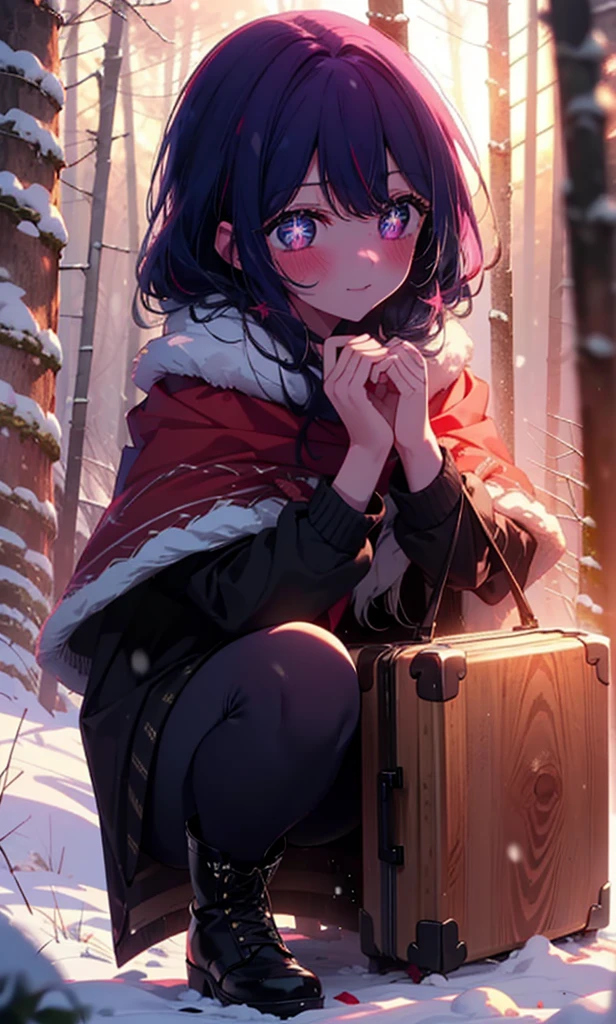 aihoshino, Ai Hoshino, Long Hair, bangs, (Purple eyes:1.1), Purple Hair, (Symbol-shaped pupil:1.5), smile,,smile,blush,White Breath,
Open your mouth,snow,Ground bonfire, Outdoor, boots, snowing, From the side, wood, suitcase, Cape, Blurred, , forest, White handbag, nature, Squat, Mouth closed, Cape, winter, Written boundary depth, Black shoes, red Cape break looking at viewer, Upper Body, whole body, break Outdoor, forest, nature, break (masterpiece:1.2), Highest quality, High resolution, unity 8k wallpaper, (shape:0.8), (Beautiful and beautiful eyes:1.6), Highly detailed face, Perfect lighting, Extremely detailed CG, (Perfect hands, Perfect Anatomy),