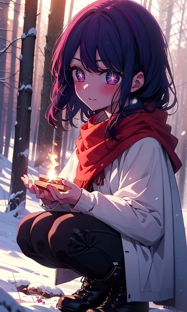 aihoshino, Ai Hoshino, Long Hair, bangs, (Purple eyes:1.1), Purple Hair, (Symbol-shaped pupil:1.5), smile,,smile,blush,White Breath,
Open your mouth,snow,Ground bonfire, Outdoor, boots, snowing, From the side, wood, suitcase, Cape, Blurred, , forest, White handbag, nature, Squat, Mouth closed, Cape, winter, Written boundary depth, Black shoes, red Cape break looking at viewer, Upper Body, whole body, break Outdoor, forest, nature, break (masterpiece:1.2), Highest quality, High resolution, unity 8k wallpaper, (shape:0.8), (Beautiful and beautiful eyes:1.6), Highly detailed face, Perfect lighting, Extremely detailed CG, (Perfect hands, Perfect Anatomy),
