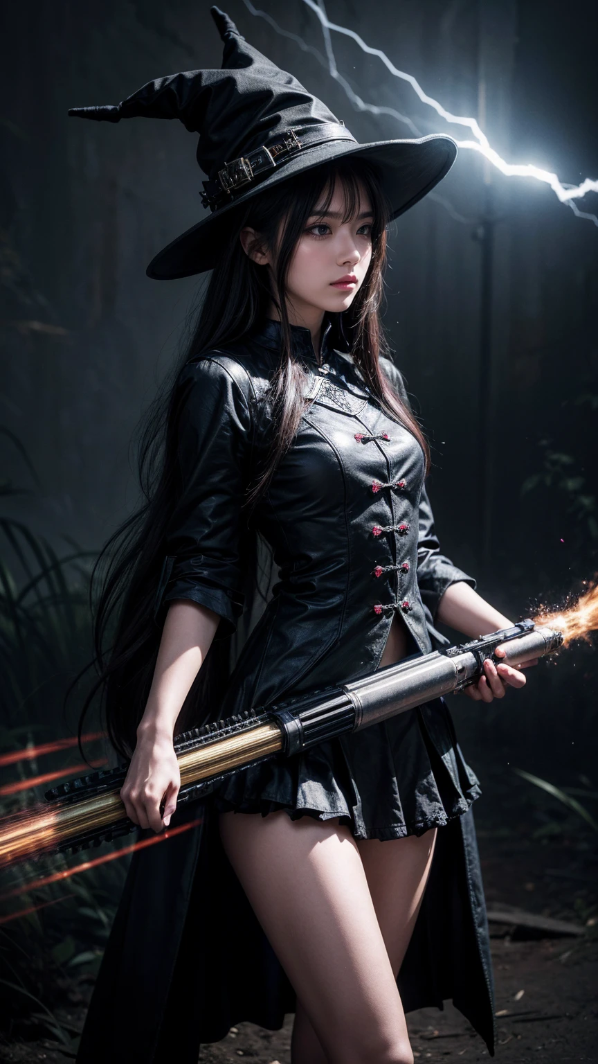 (Highly detailed 8k wallpaper), Medium shot of the loli necromancer, Particle Lighting, High Detail, dramatic, Gatling gun in hand, Clean background, Wearing a wizard hat, Background top weapon removed