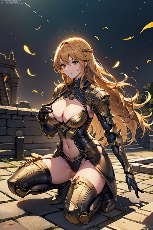 best quality, official art, masterpiece, textile shading, HDR, very detailed, colorful, best details, fantasy, Black and gold battle suit,1 female, 25 years old, best quality, official art, masterpiece, textile shading, HDR, very detailed, colorful, best details, fantasy, battle suit,1 female, 25 years old, standing on stairs,A castle town with an old castle view, sunny,choppy hair, big breast, skinny,Surrounded by a large crowd:1.9、Confetti flutters、Blessed、Being welcomed:1.5、cameltoe:1.3, ground level shot:1.9,squatting:1.5, spread legs:1.5,