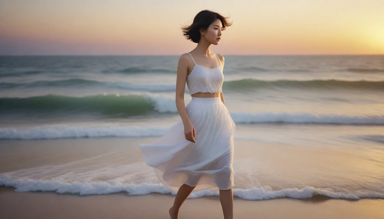 8k 8k realistic, lifelike photo, Realistic appearance of nature, , woman on the beach at sunset. Viewed from a distance with a wide-angle lens , Front view of Asian woman wearing white light skirt, burning sunset light, 1 woman, Short in stature, Short medium hair slightly blowing in the wind, look at the camera, Soak your feet in the rushing waves, The waves come in strong and hit my ankles.