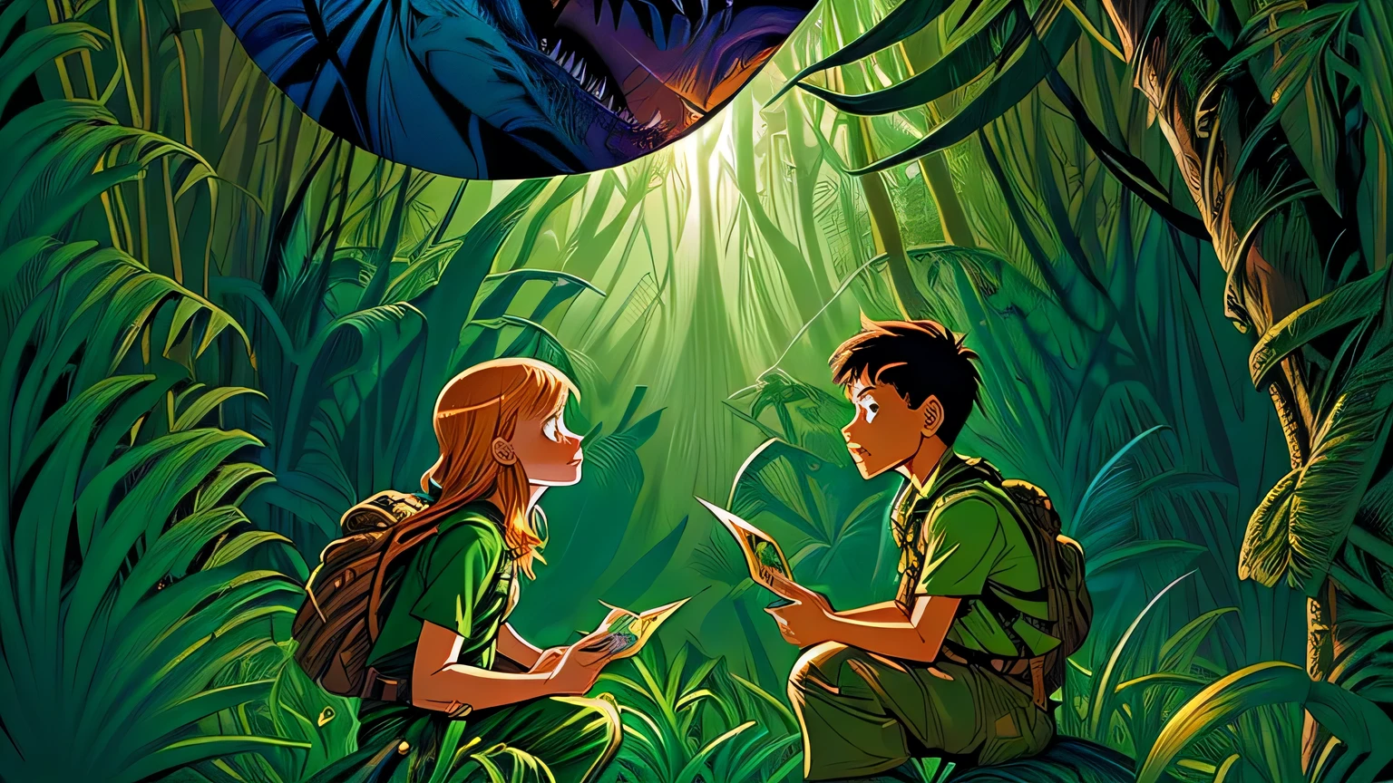 there is a cartoon of two children in the jungle, cover art of graphic novel, comic cover, graphic novel cover art, comic cover art, epic full color illustration, promotional art, published art, full color illustration, genzoman and gary gygax, joshua middleton comic cover art, kids book illustration, cover illustration, from cryptid academia, jurassic image