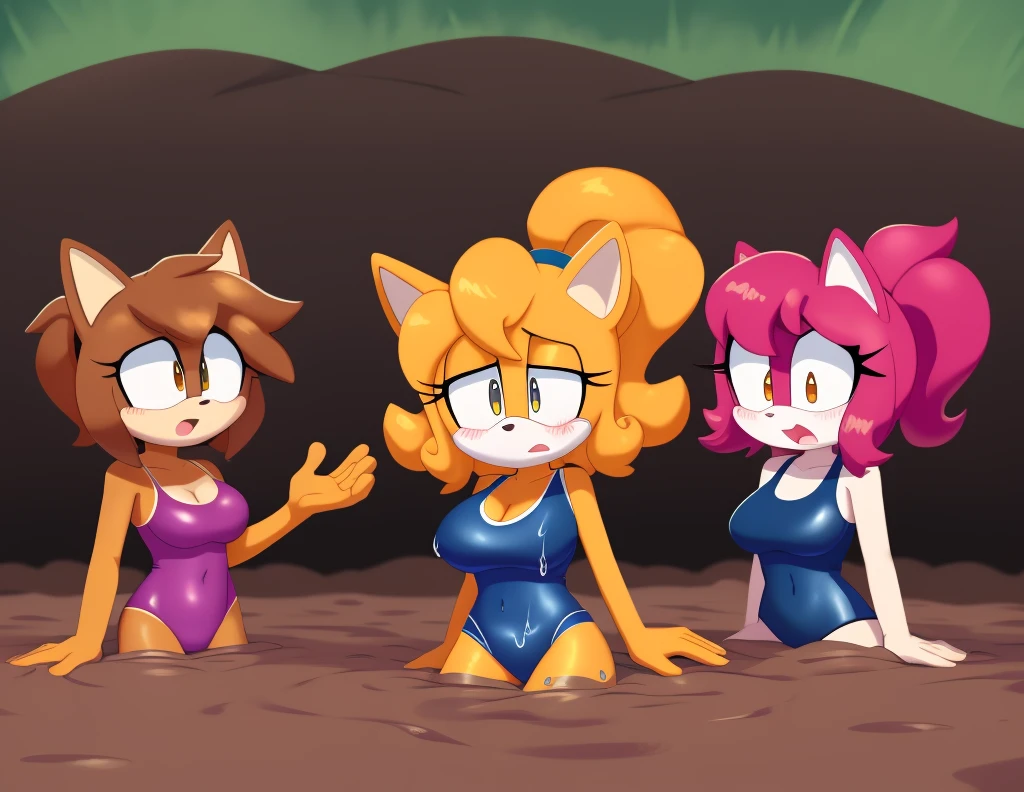 Mobian girls, best quality, HD, full body, large breasts, full shot, wide shot,?sexy breasts, coyote girls, wolf girls, old school swimsuit, swimsuit, wet, blush, 5girls, group peril, multiple subject, lesbian, 5girls together, hair, 5girls wading, 5girls in quicksand, hair, dripping, hair, short hair, twintailsn, group, multiple girls, open mouth, masterpiece, sad, one-piece swimsuit, quicksand, sinking, 5 girls in quicksand, scream, wamudraws, group shot, portrait, ponytail, braid, curled hair, wamudraws