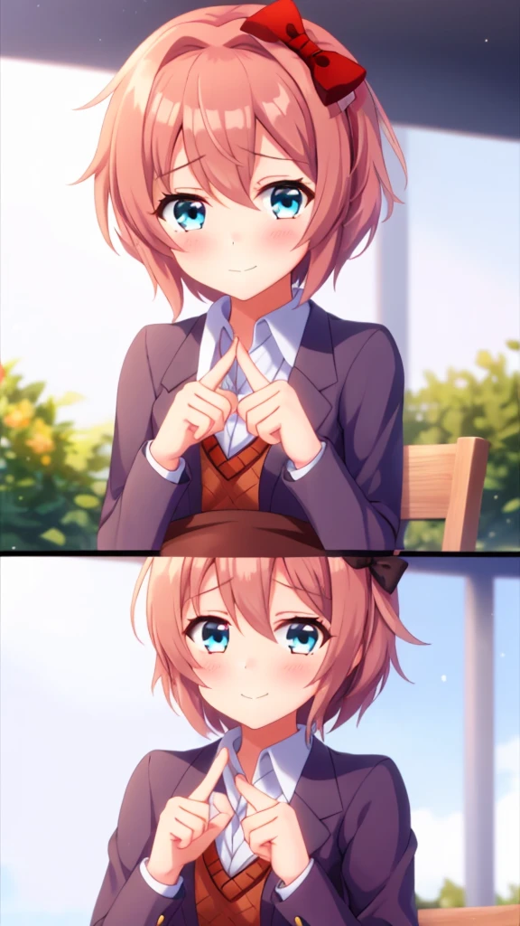 one girl, Sayori, DDLC, Doki Doki Literature Club, hair bow, school blazer, light blue eyes, index fingers together near the face, shy, try to smile awkwardly, feel sorry, Ehehe~, teeth, shifty eyes, don' look at me