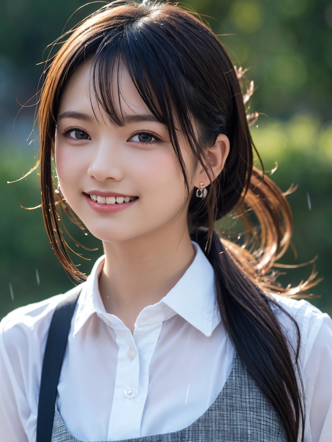 (8k, RAW photo, highest quality, high resolution:1.1), (Ultra-Realistic:1.4),(Realistic, Realistic:1.3), Solit Light,Big,Two Girls,Realistic Face,Realistic Body,Realistic Skin,Confused,Masterpiece,(Cute:1.8), Cute Girls, Alone, (Big:1.2), Detailed Black Eyes,Innocent Eyes,Blush,(School Uniform:1.2),Cinema Lighting,Film Grain,Jewelry,Earrings,((Medium Hair:1.1)),((Floating Hair Novalog Style)),Cherry Blossom Lips,Hair Ribbon,Hair Ribbon,Ponytail,Close,Look Viewer,Long Hair,Upper Body,Open Lips,Upper Teeth, (Smiling Eyes:0.6),((Grinning:1.2)),Depth of Field,Blurred Background,Eye Focus,Bokeh,Young,85mm Lens, 1.4,Professional Lighting, Young,Portrait,Photon Mapping,Radiosity,Physically Based Rendering,Asian, [Ponytail],((Dancing in the Rain)),((High School Girl:1.3)),((Frontal,Cowboy Shot))