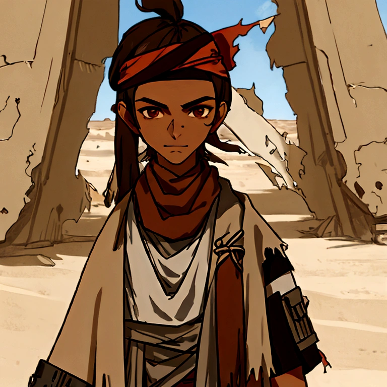 Guy, 30 years old, brown hair, desert assassin clothes, bandana, beige clothes, torn clothes