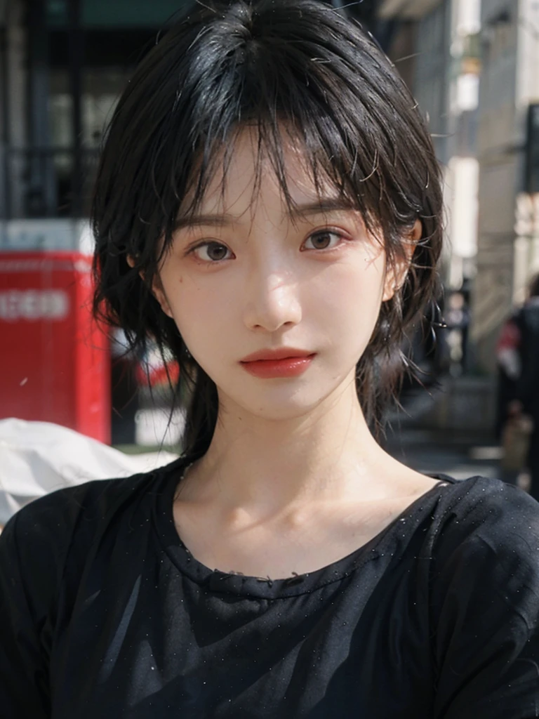 (Skin details:1.4), (smooth skin textures:1.3), （Upper body：1.4），（Upper Body：1.3)，(Black clothes:1.4)，Lipstick, background, earrings, serene, calm, (Realistic and detailed eyes：1.2）, Natural skin texture, Realistic facial details, Soft dramatic lighting, Vivid details, 35 mm film, outdoor, (Photo Practical:1.4), (hyper Practical:1.4), (Practical:1.3), (Smoother lighting:1.05), (Improve lighting quality:0.9), (Highest quality real skin textures:1.4), Exquisite eyes, Delicate face, Close-up of face, (Enhance the beauty of skin texture:1.1),0Normal body proportions, short hair, Moles under the eyes, A faint smile,Portrait Photography, Depth of Field, Bokeh, Surrealism, Ray Tracing, (Portrait Photography:1.1), Surrealism, High Detail, Chiaroscuro, Ray Tracing, reflected light, Ultra HD, Ultra HD, masterpiece, Textured Skin, Super Detail, High Detail, high quality, best quality
