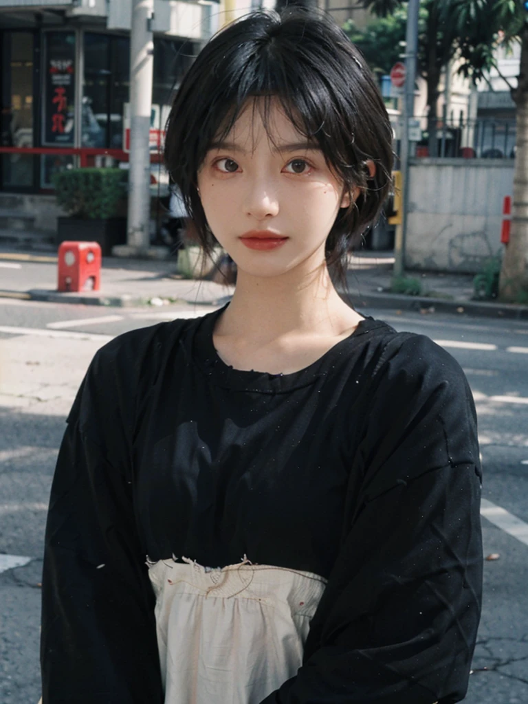 (Skin details:1.4), (smooth skin textures:1.3), （Upper body：1.4），（Upper Body：1.3)，(Black clothes:1.4)，Lipstick, background, earrings, serene, calm, (Realistic and detailed eyes：1.2）, Natural skin texture, Realistic facial details, Soft dramatic lighting, Vivid details, 35 mm film, outdoor, (Photo Practical:1.4), (hyper Practical:1.4), (Practical:1.3), (Smoother lighting:1.05), (Improve lighting quality:0.9), (Highest quality real skin textures:1.4), Exquisite eyes, Delicate face, Close-up of face, (Enhance the beauty of skin texture:1.1),0Normal body proportions, short hair, Moles under the eyes, A faint smile,Portrait Photography, Depth of Field, Bokeh, Surrealism, Ray Tracing, (Portrait Photography:1.1), Surrealism, High Detail, Chiaroscuro, Ray Tracing, reflected light, Ultra HD, Ultra HD, masterpiece, Textured Skin, Super Detail, High Detail, high quality, best quality