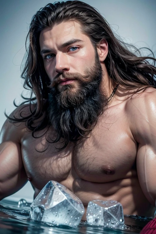 Beautiful muscle god blue eyes beard long curly hair in the ice
