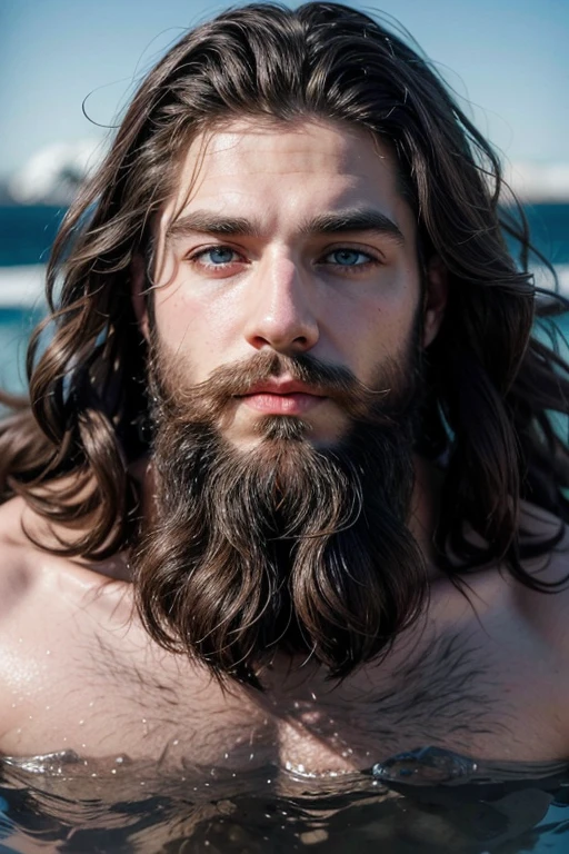 Beautiful muscle god blue eyes beard long curly hair in the ice