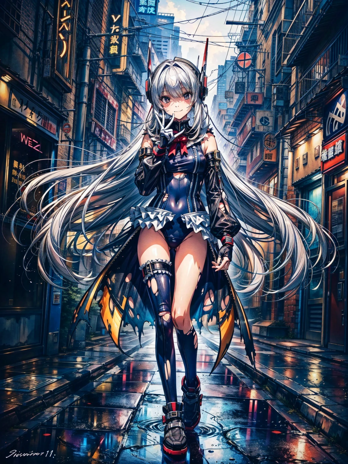 finest masterpiece, Super detailed, Highest quality, Sharp focus, 12k, ultra hi resolution picture, big ,12k,Perfect Anatomy, Highest quality, Marie Rose,Wicked Smile,Provocative attitude
,,evil Smile,Anime Style,(Frilled swimsuit, Knee socks, Removed sleeve), (Anime Style:1.4) ,
,(White fingers:1.1,Black gloves),
Hollow Eyes,,One Girl、(Cyberpunk townscape:1.4),,(Very long hair:1.6),(whole body:1.3),
Silver Hair,(Full Face Headgear:1.6),(Torn clothes:1.6),Are standing,(full body:1.2),