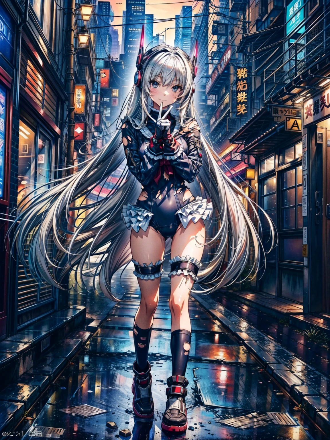 finest masterpiece, Super detailed, Highest quality, Sharp focus, 12k, ultra hi resolution picture, big ,12k,Perfect Anatomy, Highest quality, Marie Rose,Wicked Smile,Provocative attitude
,,evil Smile,Anime Style,(Frilled swimsuit, Knee socks, Removed sleeve), (Anime Style:1.4) ,
,(White fingers:1.1,Black gloves),
Hollow Eyes,,One Girl、(Cyberpunk townscape:1.4),,(Very long hair:1.6),(whole body:1.3),
Silver Hair,(Full Face Headgear:1.6),(Torn clothes:1.6),Are standing,(full body:1.2),Neon Light