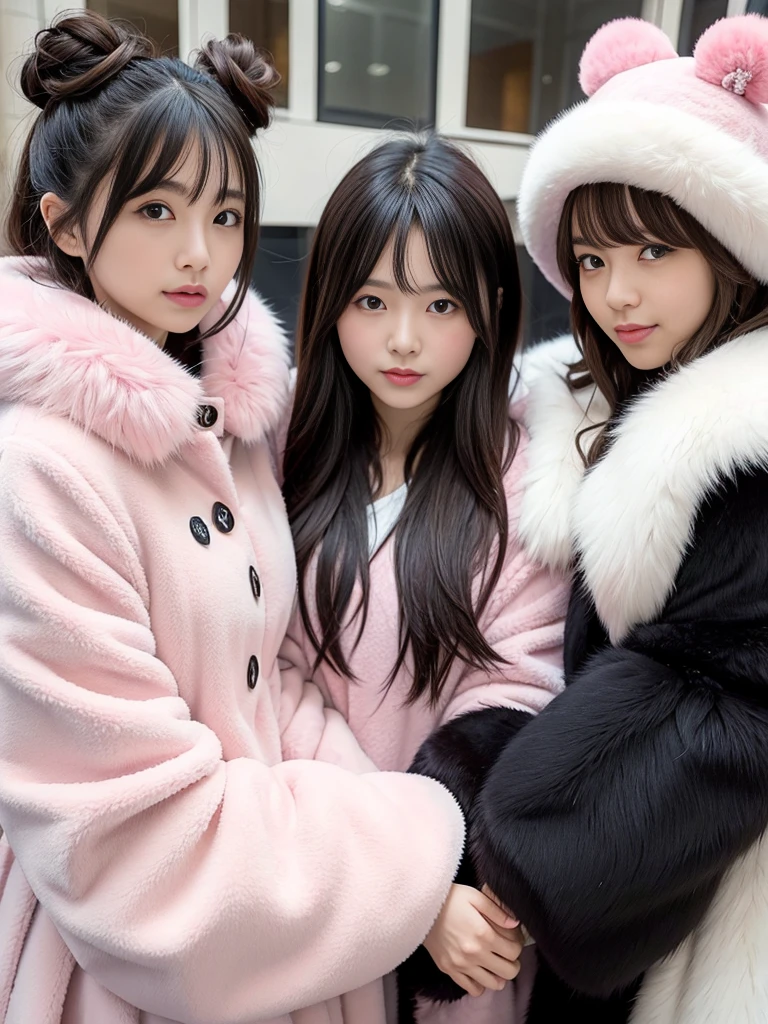 fluffyの毛皮。fluffy。Three Girls 、Pink fur、Luxurious fur、ピンクのFur coat、Fur coat、Fur Cape、Black fur cuffs