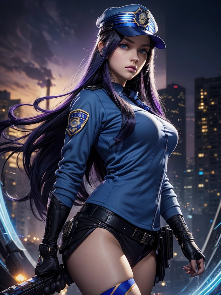 best quality, intricate details, 1 young woman, long hair, ((blue eyes)), dynamic pose, solo, black hair, Irelia, looking at viewer, purple hair, lips, foreshortening, symmetrical eyes, arm ribbon, skistyle, (fbi cap, fbi, blue police uniform, police badge:1.4)