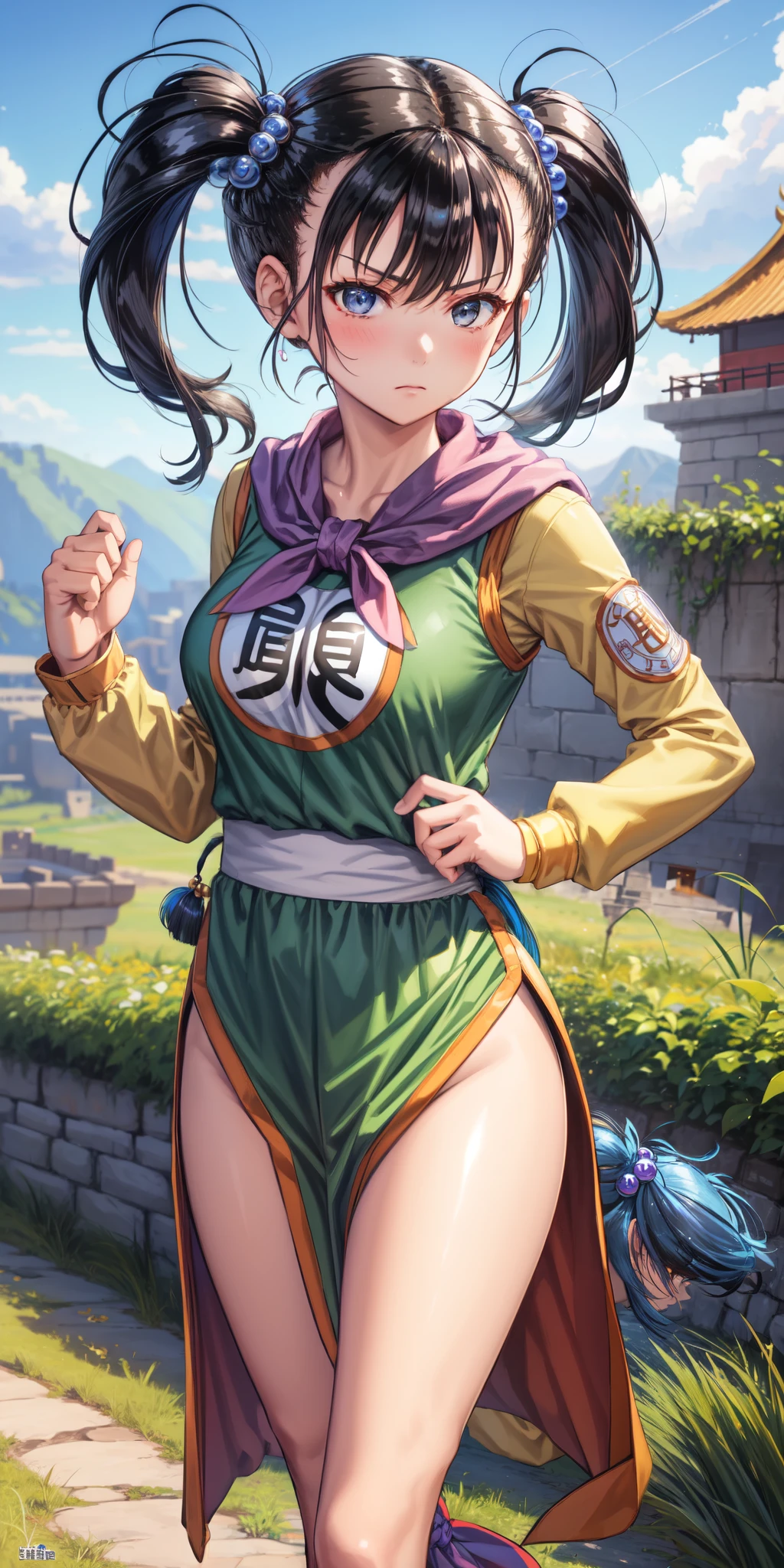 masterpiece, best quality, 4k, 8k, fighter (dq3), 1girl, solo, long hair, twintails, looking at viewer, black hair, hair ornament, long sleeves, dress, medium breasts, closed mouth, cowboy shot, black eyes, chinese clothes, hair bobbles, clenched hand, Punching, Boxing Jab, Feet Apart, Ancient Castle