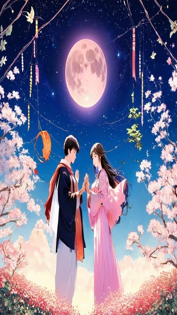 Arabic style image of a couple standing in a flower field, Beautiful fantasy anime, colorful Anime movie background, Beautiful Anime, Beautiful peaceful scene in anime, manga, Anime movie background, coronation of the flower prince, Beautiful Anime scene, Ethereal Anime, Kyoto Animation Style, Anime Images, Anime Background, Anime Style 4k, Boy Girl Traditional Romance, full moon, Big pink moon,