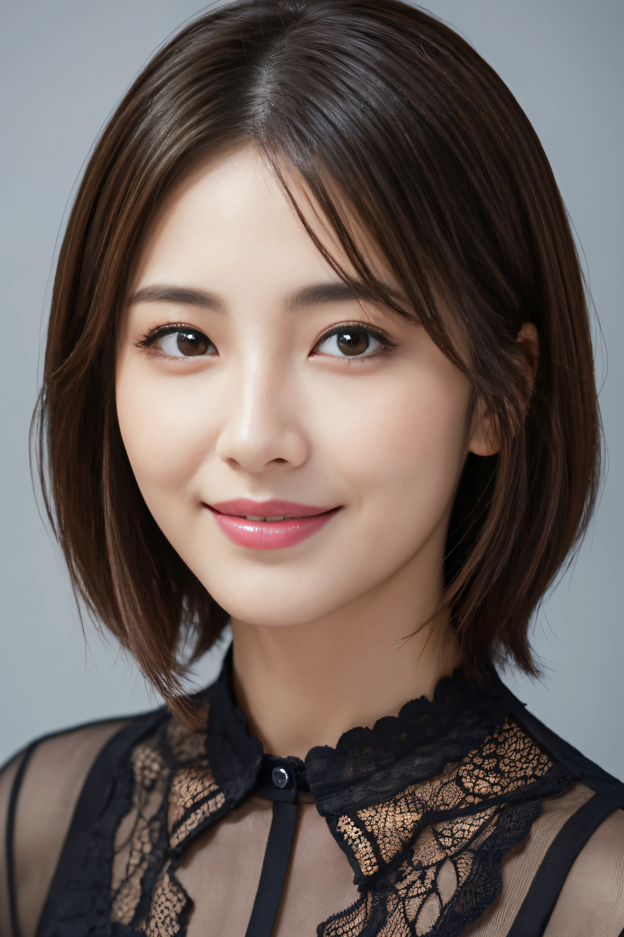 (Raw photography), (Photorealsitic), (​masterpiece), (top-quality), hight resolution, 8K resolution, (intricate detailes), (volumatic light), portlate, FEMALES, 40 years, short-hair, straight haired, Layered hair, brown haired, extremely detailed eye, Sauce order, Highly detailed eyebrows, highlydetailed skin, highly detail mouth, highly detailed nose, cute like an idol, Happy smile, ((thick lips)), ((Look at viewers)), (Classy blouse)