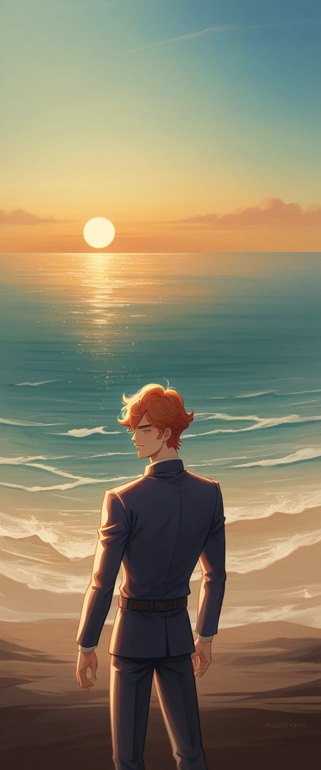 The image shows a young male anime character contemplating the ocean at sunrise, with a backdrop of a vibrant blue sky and red and orange hues from the sun. Fondo de pantalla de arte anime 4k, Fondo de pantalla de arte anime 4K, fondo animado, fondo de pantalla de arte anime 8 K, fondo animado art, Fondo De Pantalla De Paisaje De Anime, increíble fondo de pantalla, fondo de pantalla de alta definición, fondo de pantalla animado 4k, fondo de pantalla animado 4k, arte de Aries Moross,arte de Bob Byerley , AshleyWoodArtAI, greg rutkowsk